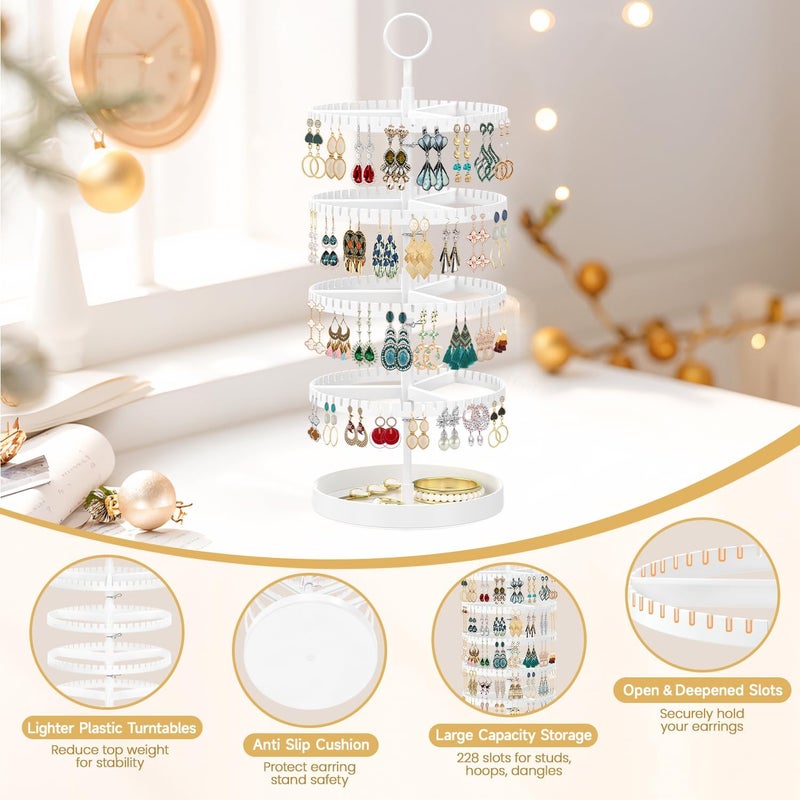 MODOWEY 4 Tier Rotating Earring Holder Organizer Display Tree with Metal Tray, Adjustable Plastic Stand with 228 Slots for Stud Hoop Hanger, Large Capacity Storage Rack for Women Space Saving, White - Image 5